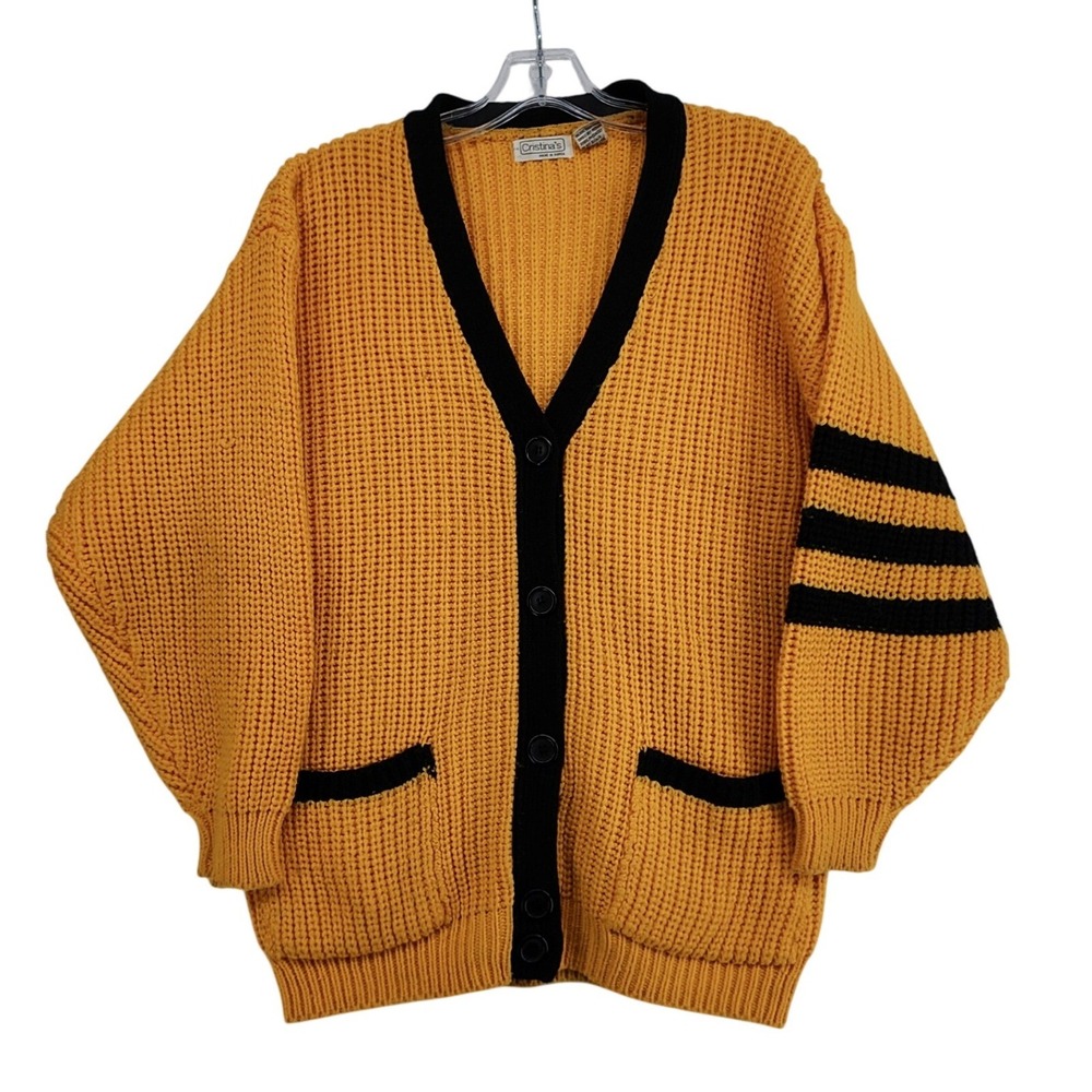Cristina's Large Yellow Varsity Cardigan Sweater Vntg Preppy Academia School